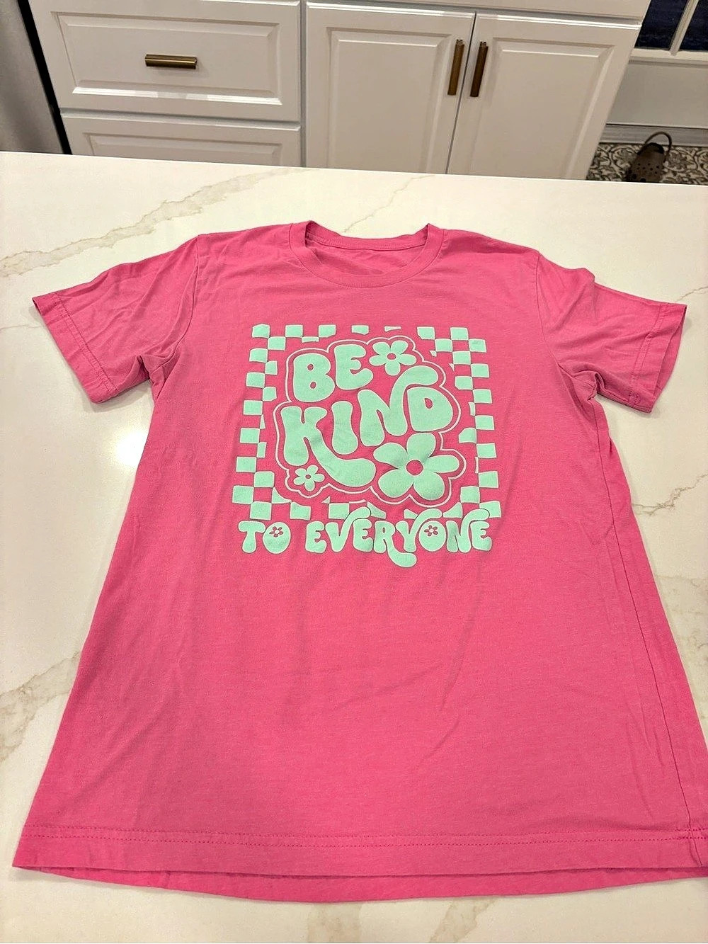 Mint and Pink Checkerboard Be Kind to Everyone Tee Teacher Tshirt Size M